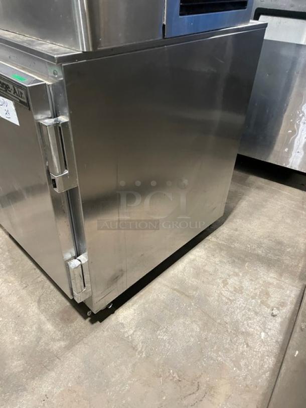 Beverage-Air UCR27A stainless steel undercounter fridge, single door, poly coated wire rack, on casters. Model UCR27A.