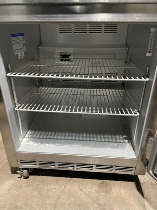 Beverage-Air UCR27A stainless steel undercounter fridge. Includes poly-coated wire rack and casters. 115V, 1 phase. SN: 6902865.