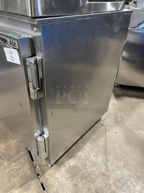 Beverage-Air UCR27Y stainless steel undercounter refrigerator, single door, poly coated rack, on casters, Model SN: 7903528.