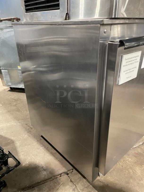 Beverage-Air UCR27Y stainless steel single door undercounter refrigerator, on casters, features poly coated wired rack.