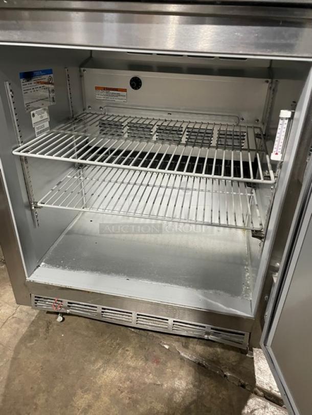 Beverage-Air UCR27Y stainless steel undercounter refrigerator with poly-coated wired rack, single door, on casters, 115V.
