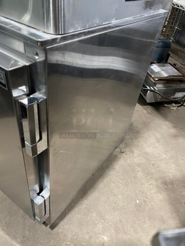 Beverage-Air UCR27 commercial stainless steel undercounter refrigerator, single door, poly-coated rack, on casters.