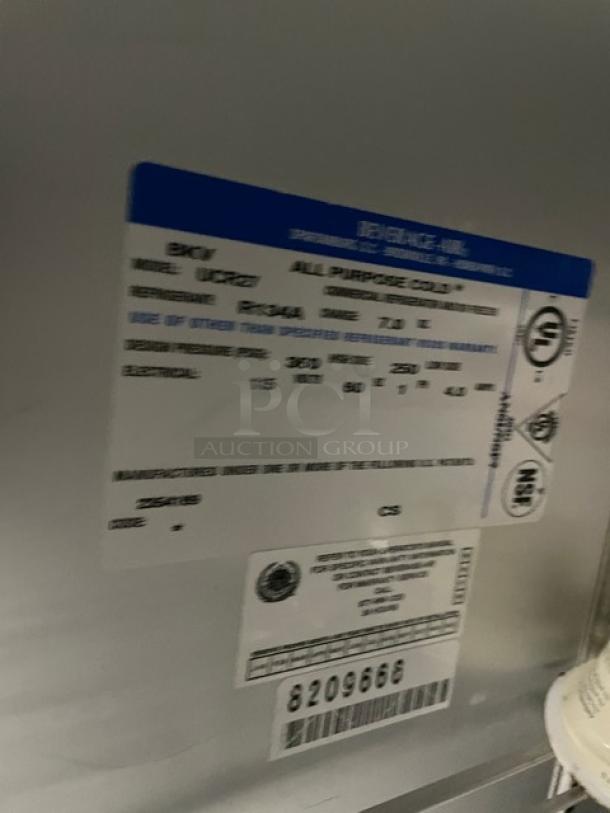 Beverage-Air UCR27 stainless steel undercounter refrigerator label with model, specifications, and SN: 8209666.