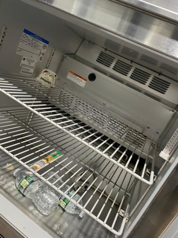 Beverage-Air UCR27 stainless steel single door undercounter refrigerator with poly coated wire rack, on casters, 115V.