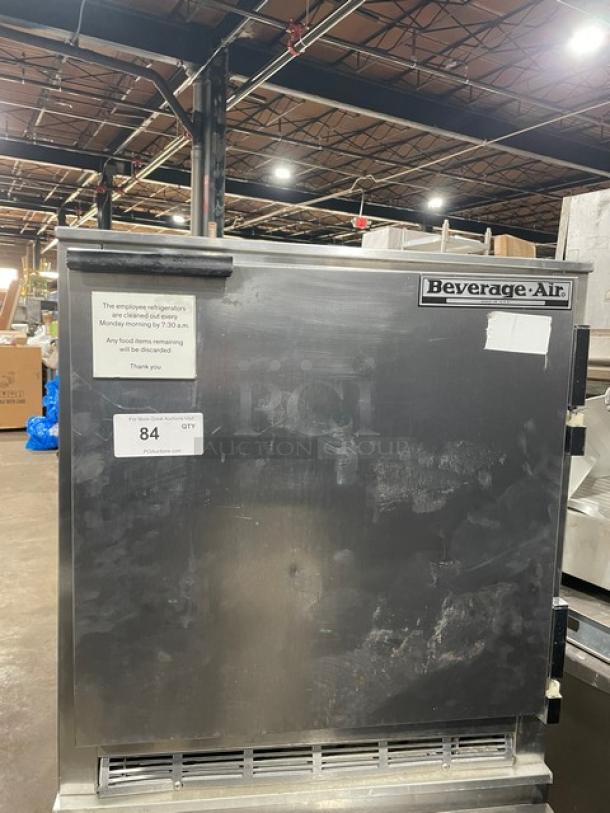 Beverage-Air stainless steel undercounter refrigerator, model UCR27Y, with poly-coated rack and on casters.