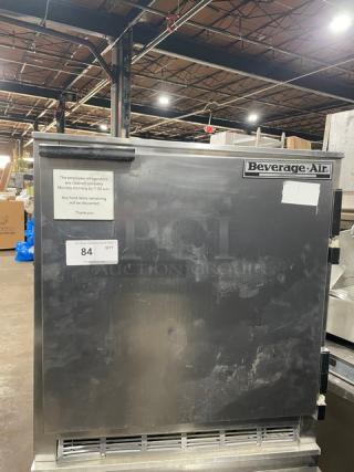 Beverage-Air stainless steel undercounter refrigerator, model UCR27Y, with poly-coated rack and on casters.