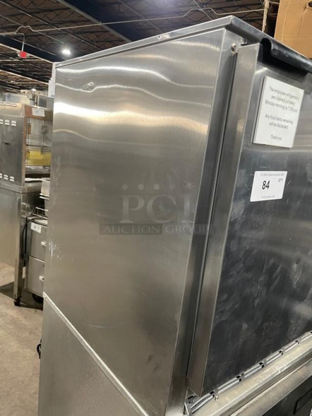 Beverage-Air UCR27Y stainless steel undercounter refrigerator, single door, poly coated rack, on casters, Model SN: 7903537.