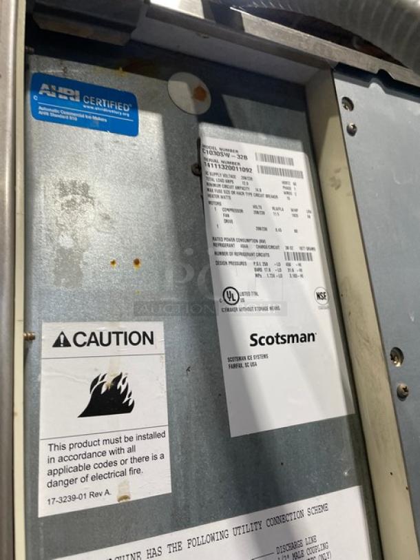 Scotsman Prodigy Series ice machine model C1030SW32B/BH900SC, stainless steel, water-cooled, NSF certified.