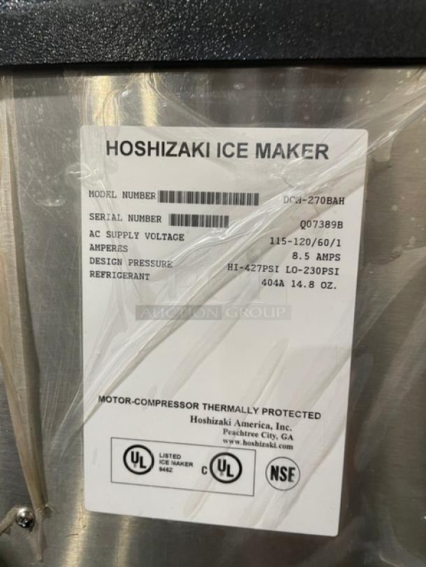 Hoshizaki DCM-270BAH ice/water dispenser, stainless steel, air-cooled, electric, 115-120V, serial Q07389B, with drip tray.