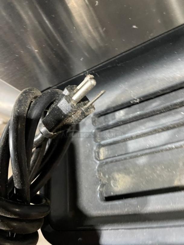 Hoshizaki DCM-270BAH countertop ice/water dispenser with drip tray, stainless steel, electric, air-cooled, 115-120V plug.