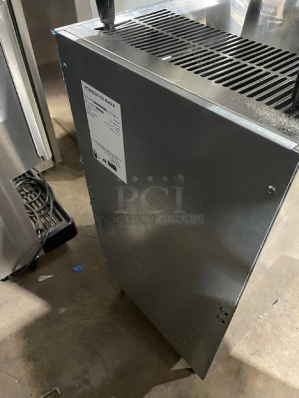 Hoshizaki DCM-270BAH-OS ice maker/water dispenser, stainless steel, electric, air-cooled, on legs, model/serial label visible.