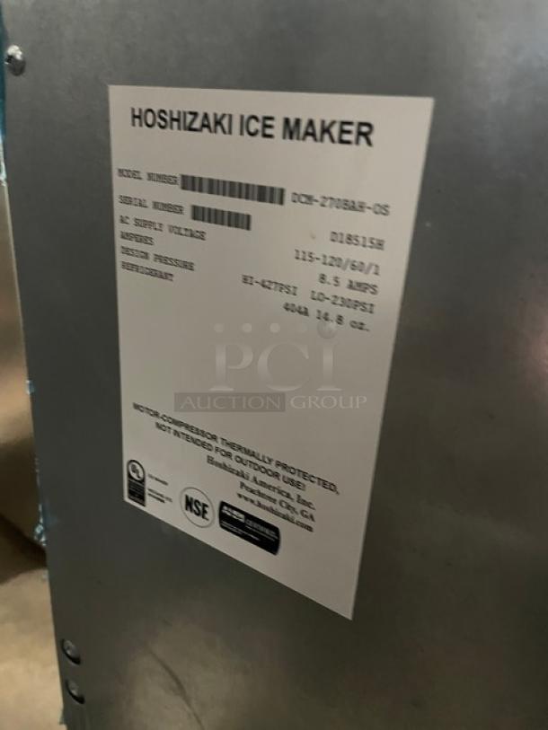 Hoshizaki Opti-Serve Series Ice Maker label, Model DCM-270BAH-OS, SN D18515H, 115-120V, 1 Phase.