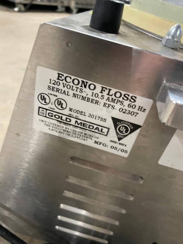 Gold Medal Econo Floss 3017SS commercial cotton candy machine; stainless steel, electric, 120V. Serial: EFS-02307.