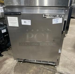 Beverage-Air UCR27Y stainless steel undercounter refrigerator, single door, poly-coated rack, on casters, model tag visible.