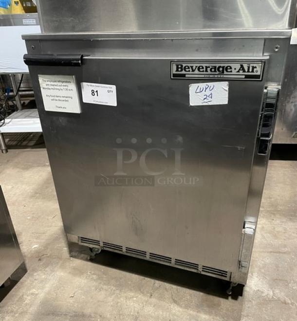 Beverage-Air UCR27A commercial stainless steel single door undercounter refrigerator on casters, with poly-coated wire rack, 115V.