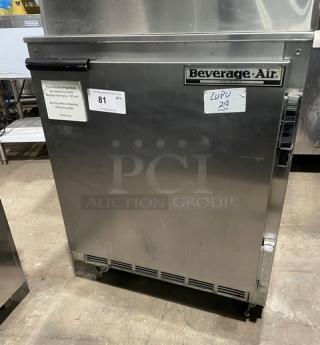 Beverage-Air UCR27A commercial stainless steel single door undercounter refrigerator on casters, with poly-coated wire rack, 115V.