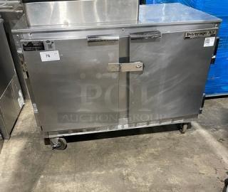 Beverage-Air stainless steel 2-door undercounter refrigerator, model UCR48A, with poly-coated rack, on casters.