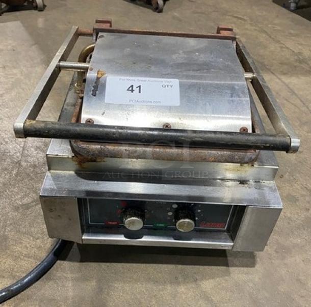 Lang Pane Bella Series stainless steel electric panini griddle, model PB12, with grooved grates, on legs, fair condition.