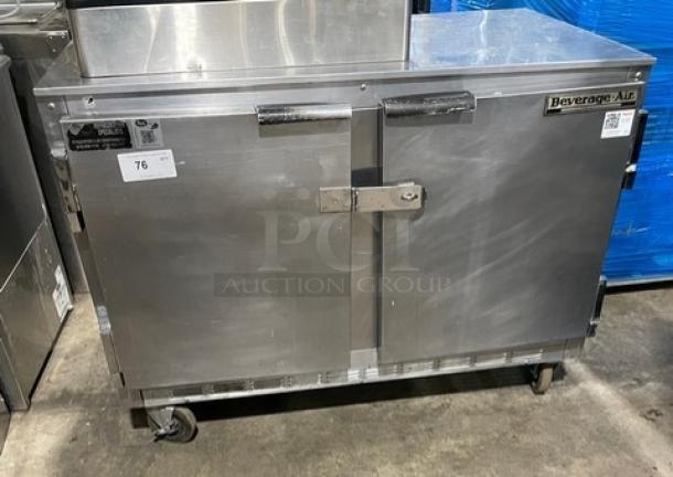 Beverage-Air stainless steel 2-door undercounter refrigerator, model UCR48A, with poly-coated rack, on casters.