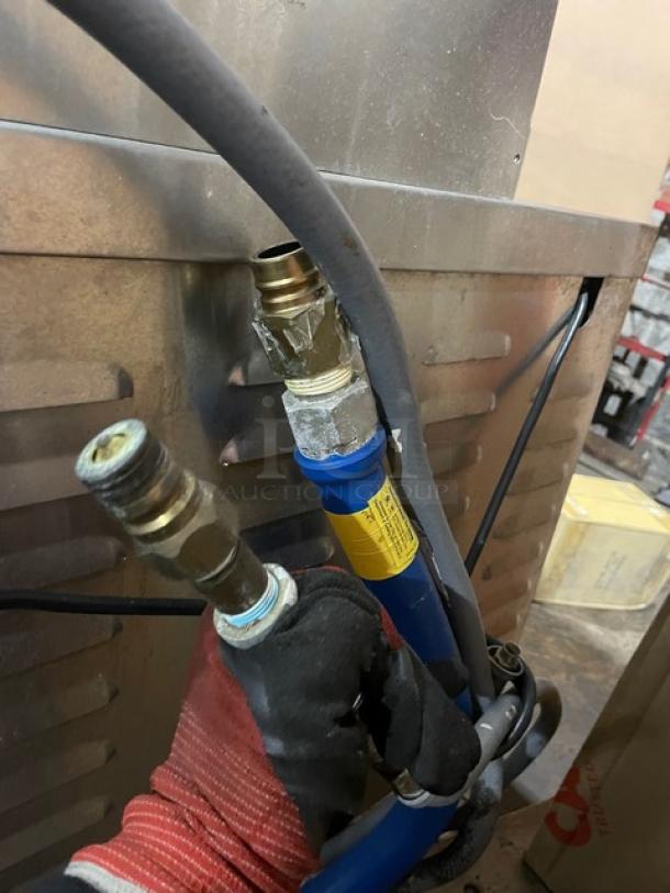 Market Forge double tilting soup kettle, stainless steel, natural gas, self-contained, visible hoses, working condition.