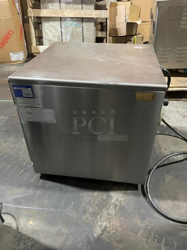 MerryChef Model 402S stainless steel countertop rapid cook oven, electric powered, 208V, used condition, visible manufacturer label.