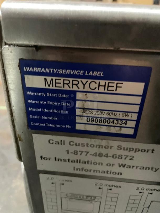 MerryChef 402S rapid cook oven, stainless steel, electric, model 402S, SN 0908004334, 208V. Warranty label visible.