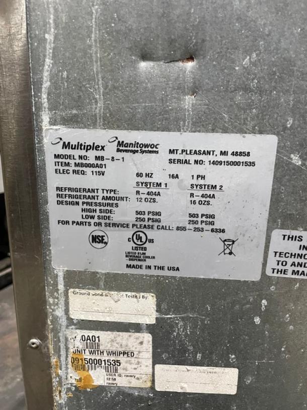 Manitowoc Multiplex MB-8-1 commercial smoothie workstation, stainless steel, on single door undercounter cooler, 115V, 1 Phase, with poly bins, on casters. Model and serial number label visible.