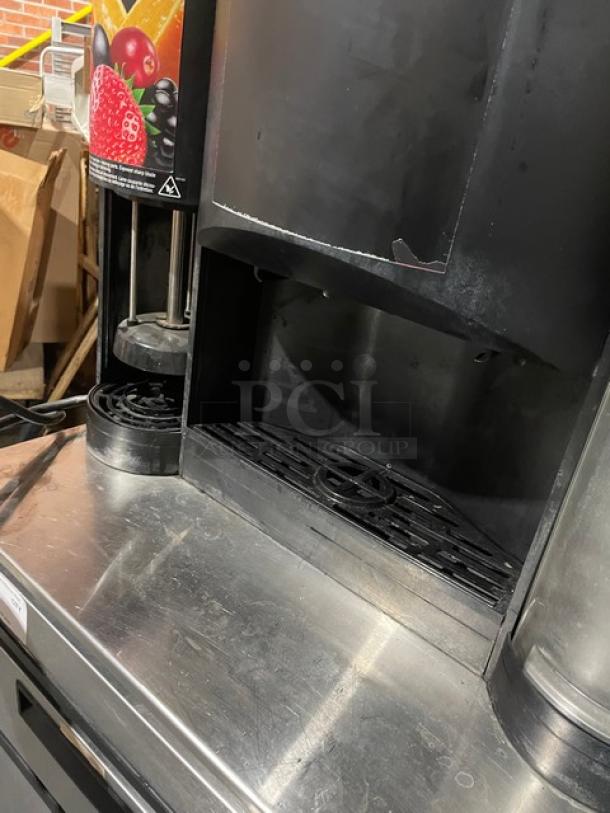 Manitowoc Multiplex Series stainless steel smoothie workstation, Model MB81, with poly bins, undercounter cooler, on casters.