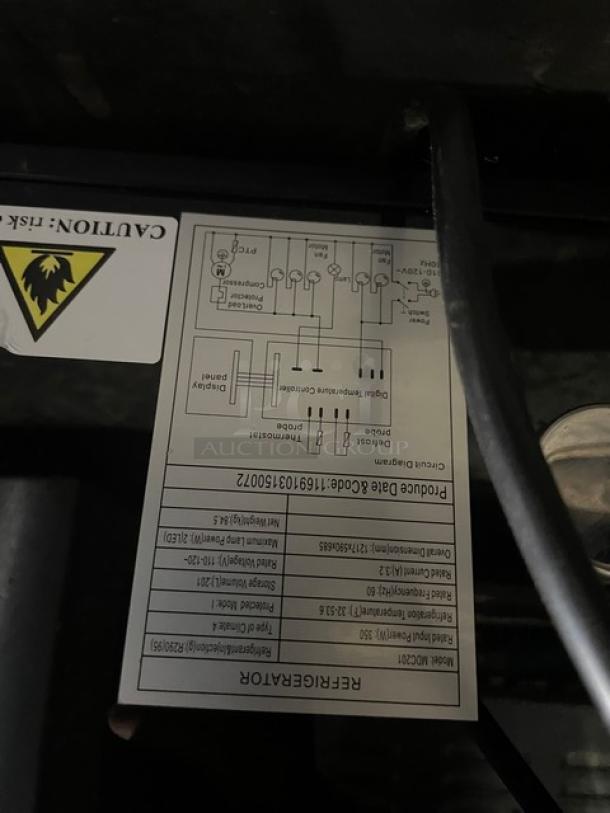 Marchia Commercial 48" Bakery Display Case model MDC201. Features curved black glass, multi-tiered racks, wired setup diagram.
