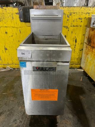 Vulcan Veg Series Commercial Stainless Steel Natural Gas Powered Deep Fat Fryer! With Backsplash & Basket Hanger! Model: 1VEG50M-1 SN: DV1171565! On Legs! - Item #1226565