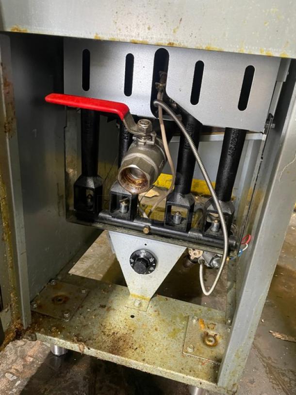 Vulcan Veg Series stainless steel gas fryer, Model 1VEG50M1, showing internal components with red valve handle and knob.