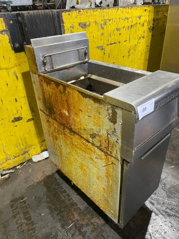 Frymaster PMJ135SD commercial deep fat fryer, stainless steel, natural gas, with backsplash, on casters, visible wear.