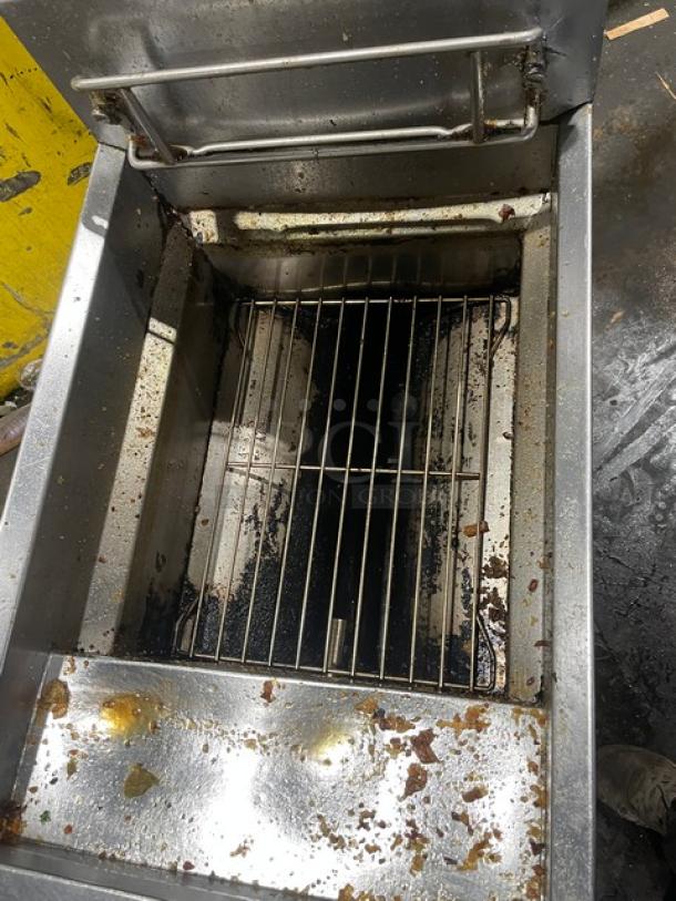 Frymaster PMJ135SD stainless steel natural gas fryer, with backsplash, on casters. Used condition. Serial: 0510FA0257.