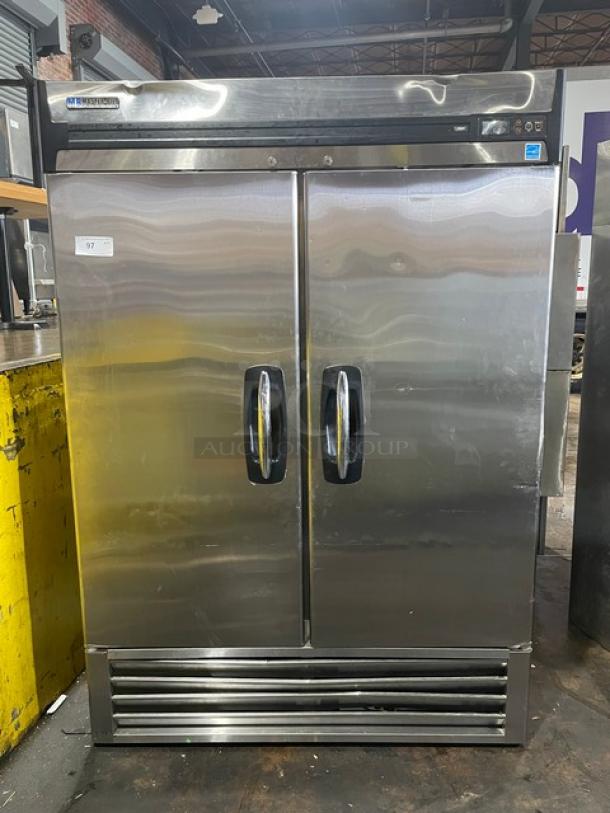 Master-Bilt Fusion Series F49S stainless steel 2-door commercial freezer, Energy Star, poly coated wire racks, on casters.