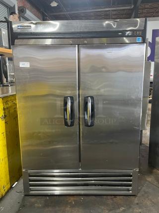 Master-Bilt Fusion Series F49S stainless steel 2-door commercial freezer, Energy Star, poly coated wire racks, on casters.