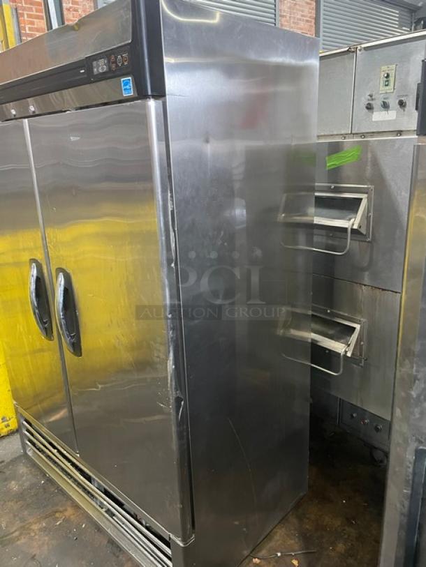 Master-Bilt Fusion Series F49S stainless steel 2-door freezer, Energy Star certified, poly coated wire racks, on casters.