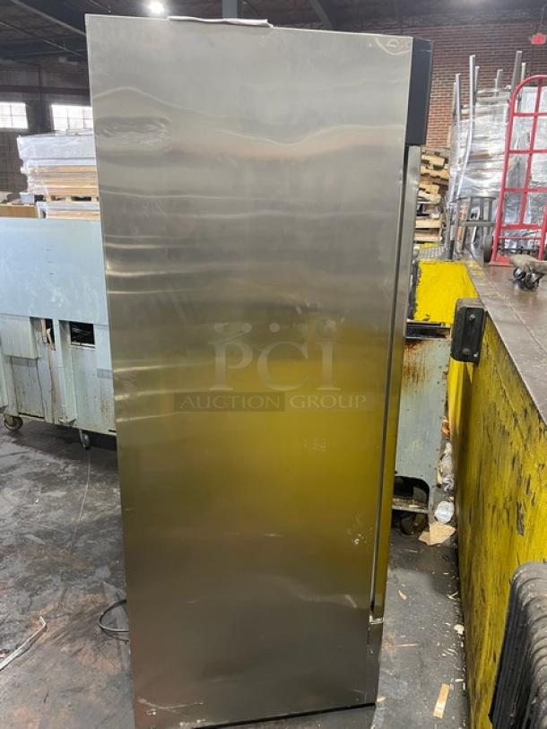 Master-Bilt Fusion Series F49S commercial stainless steel 2-door freezer, Energy Star certified, on casters, with poly coated wire racks.