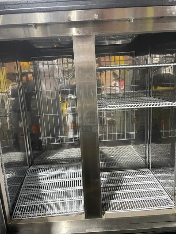 Master-Bilt F49S Fusion Series 2 Door Reach-In Freezer, stainless steel, Energy Star, with poly-coated wire racks, on casters.