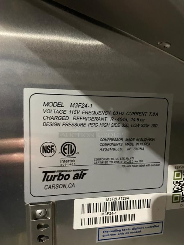 Turbo Air M3 Series stainless steel single door freezer, Model M3F24-1, Energy Star certified, 115V, on casters, labels visible.