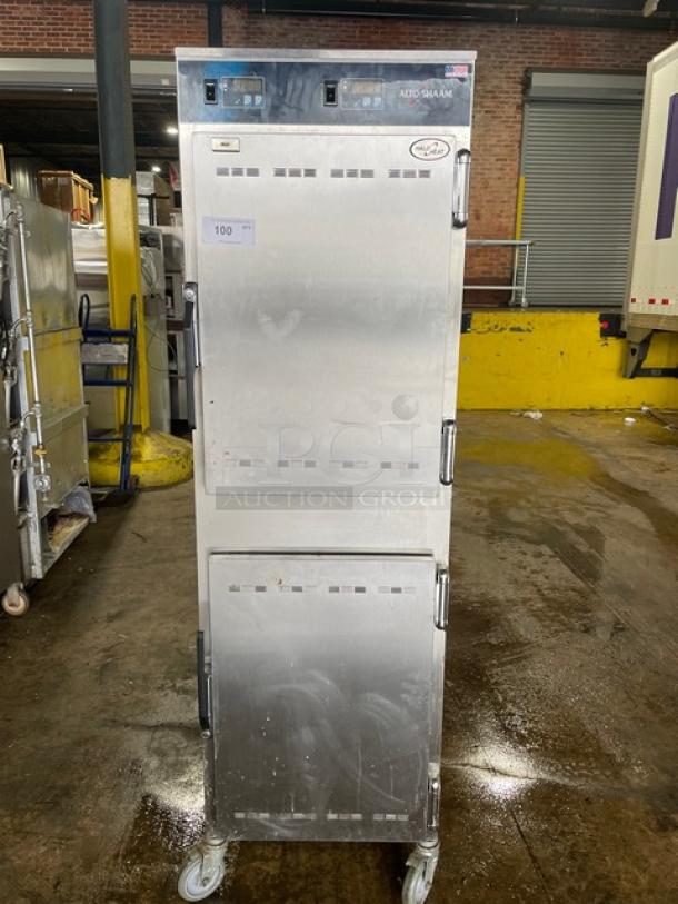 Alto Shaam Halo-Heat 1000-UP stainless steel dual compartment mobile heated cabinet, on casters, 120V 1 Phase, SN: 2956358-000.