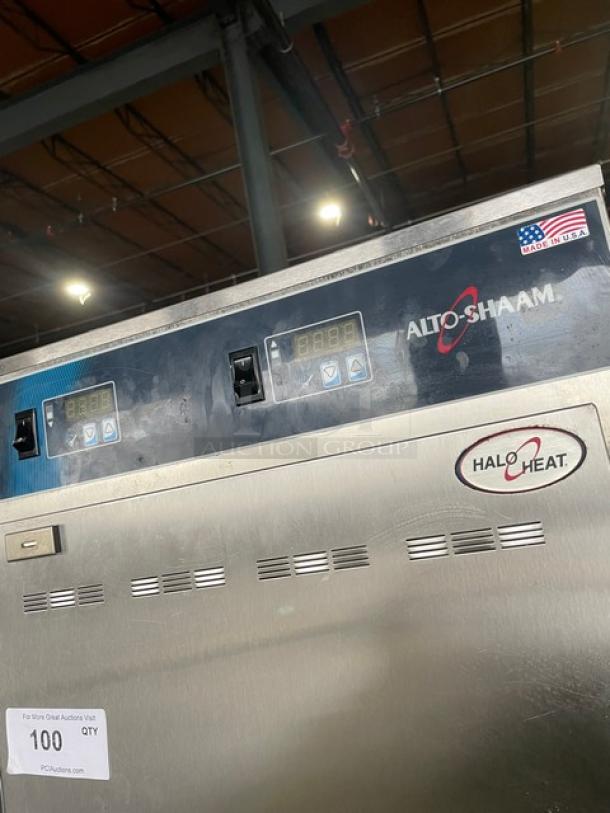 Alto Shaam Halo-Heat 1000-UP stainless steel electric dual compartment mobile heated cabinet, 120V, on casters, used.