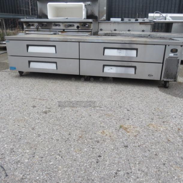 Turbo Air TCBE-96SDR-N chef base, 4 drawers, on casters, 96x32x26.5 inches, stainless steel, 115V, excellent condition.