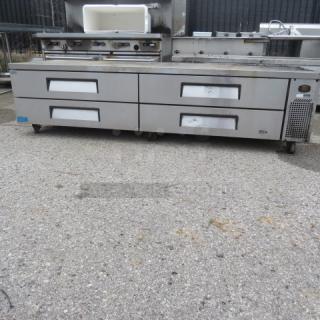 Turbo Air TCBE-96SDR-N chef base, 4 drawers, on casters, 96x32x26.5 inches, stainless steel, 115V, excellent condition.