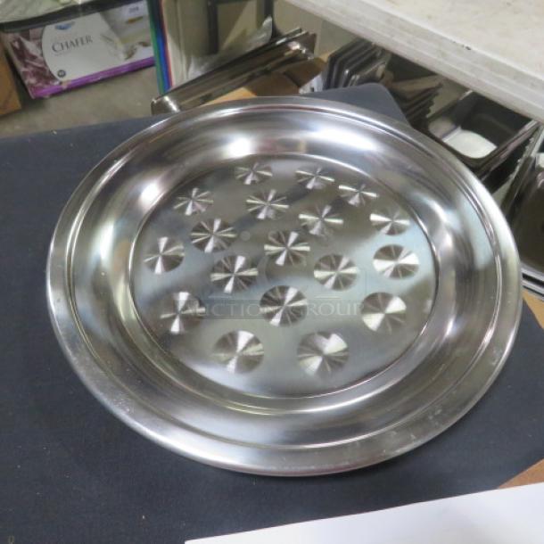 New 12-inch round stainless steel cater tray by 3XBID, featuring a decorative pattern and polished finish.