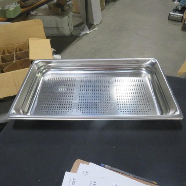 Vollrath full-size, 2.5-inch deep perforated pan, model 90053; stainless steel, new condition.
