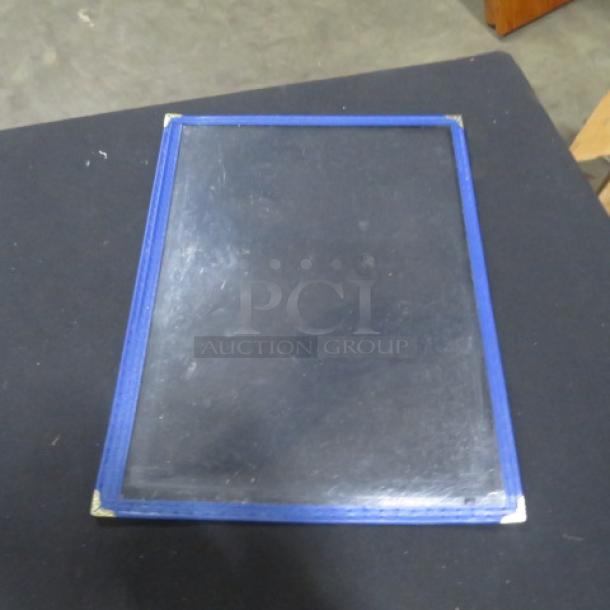 Lot of 18 single-page menu holders, blue border, used condition; durable display for menus or documents.