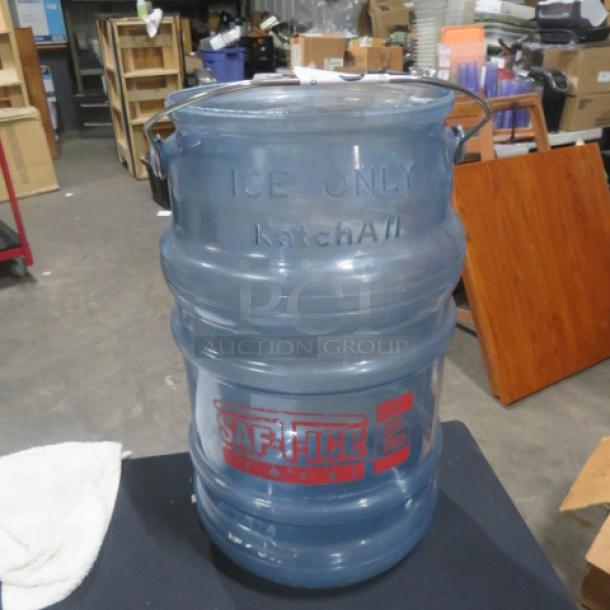 Blue One Saf T Ice Bucket, marked "ICE ONLY" and "KatchAll." Used condition, with a sturdy metal handle.