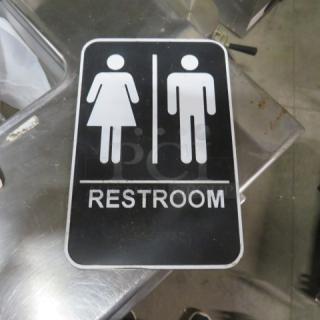 6x9 inch restroom sign with male and female symbols, black background, white text.