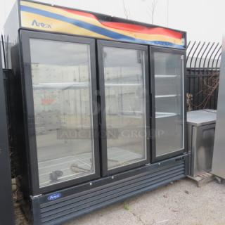 Atosa 3-door glass display cooler, model MCF8724GR. Nine racks, on casters, 81x32x81 inches. Price: $4499.00.