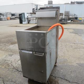 Dean Natural Gas Deep Fryer on casters, Model SR152GN. Size 16x29x47 inches. Used condition, visible wear, priced at $1780.00.